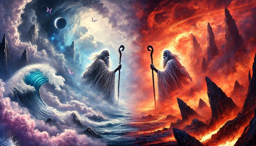 A mirror image of a man in robes standing among clouds and mist on the left, fire and rocks on the right.