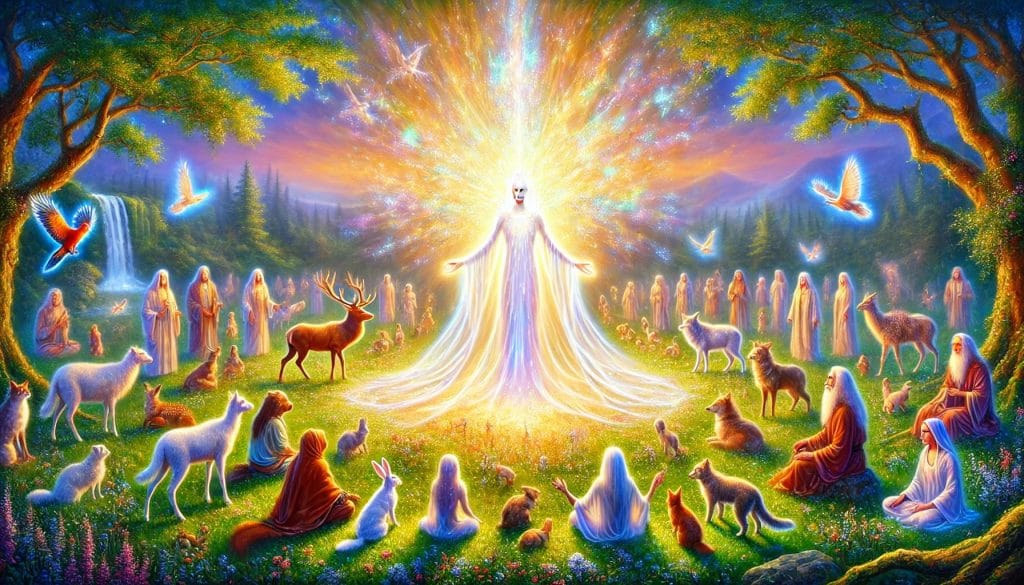 a figure of light stands glowing among several forrest creatures, all basking in the figure's glow.