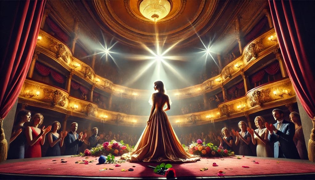 A beautiful woman standing under a spotlight on a glorious stage - full audience giving a standing ovation, roses and flowers cover the stage at her feet.