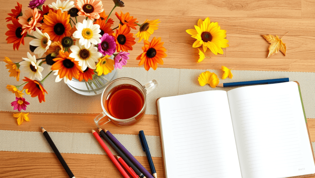 a table with a vase of fall flowers, cup of tea, new pens and pencils and a fresh notebook opened - a scene of starting a new project, fresh start