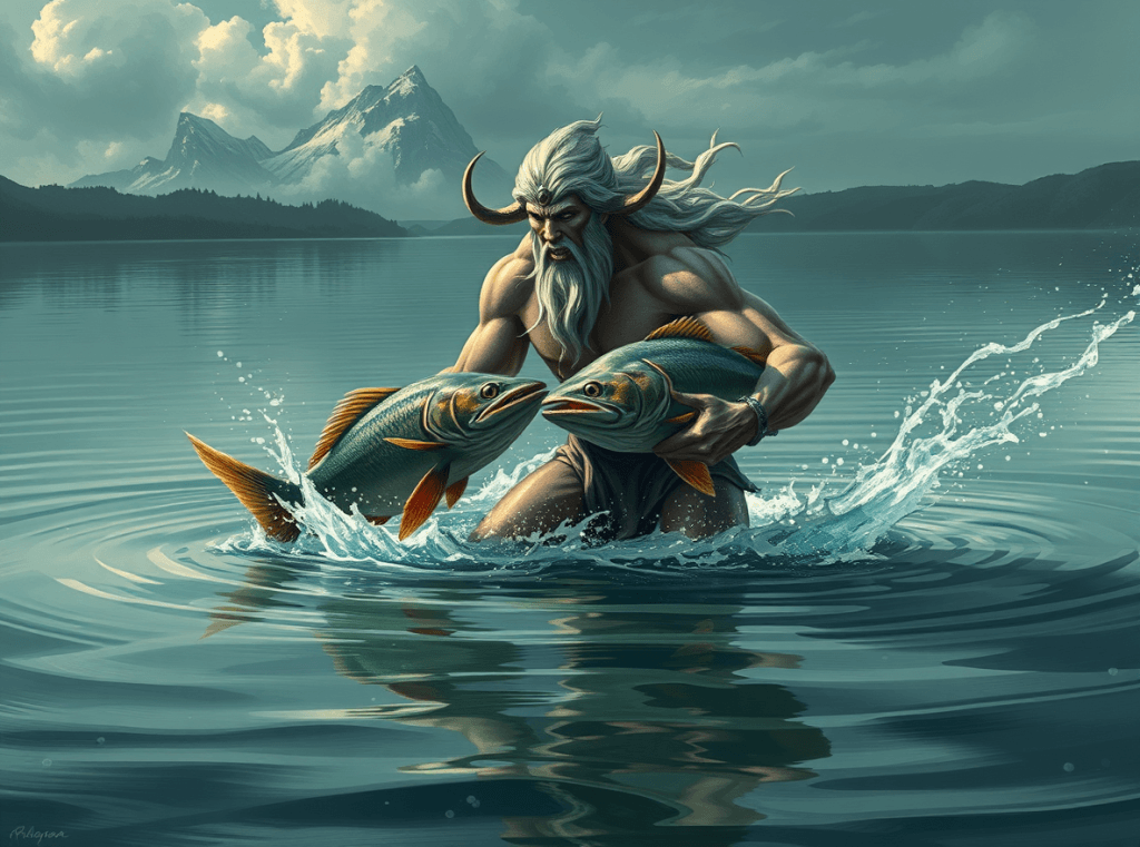 Kronos standing in a cold calm lake - clouds and mountains in the background - Kronos wrestles 2 fish. they are greenish grey with orange tips on heir fin and tails.
