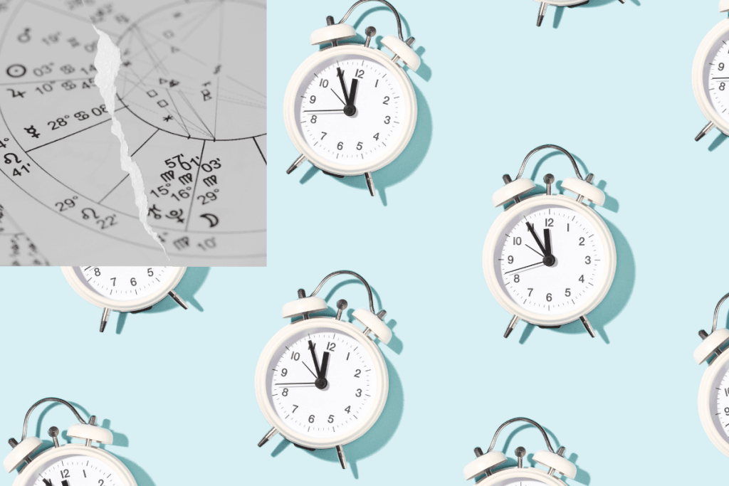 Several white alarm clocks against a mint green background. In the top corner is an image of a torn Birthchart