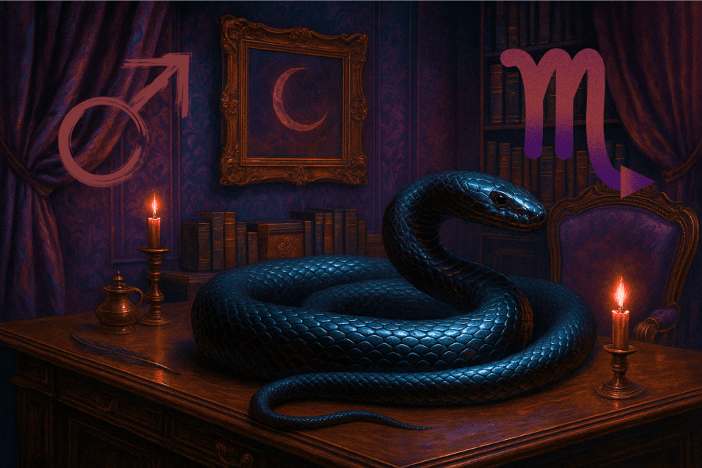 A dark gothic study. Deep purple and red brocade curtains and walls. A large black snake lounges on the wooden desk