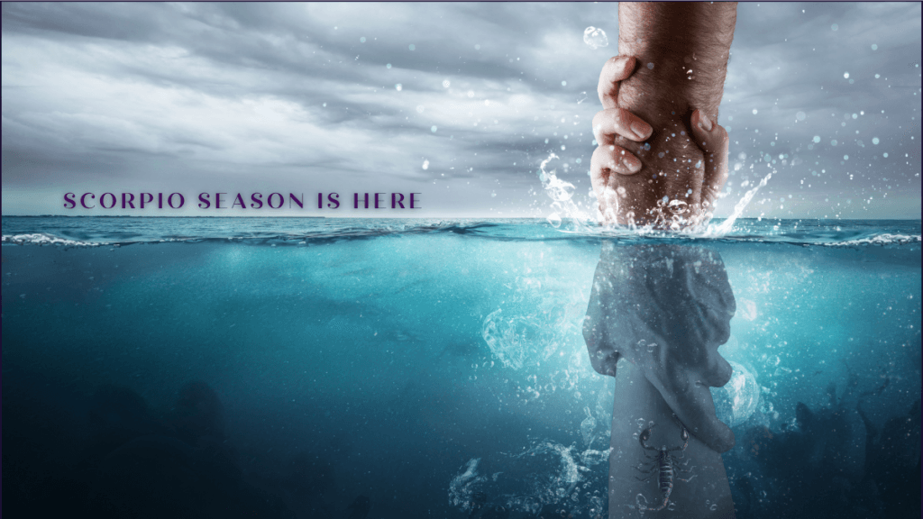 Hands grasping above and below the surface of the water beneath a stormy sky, symbolizing support, transformation, and emotional depth during Scorpio season.