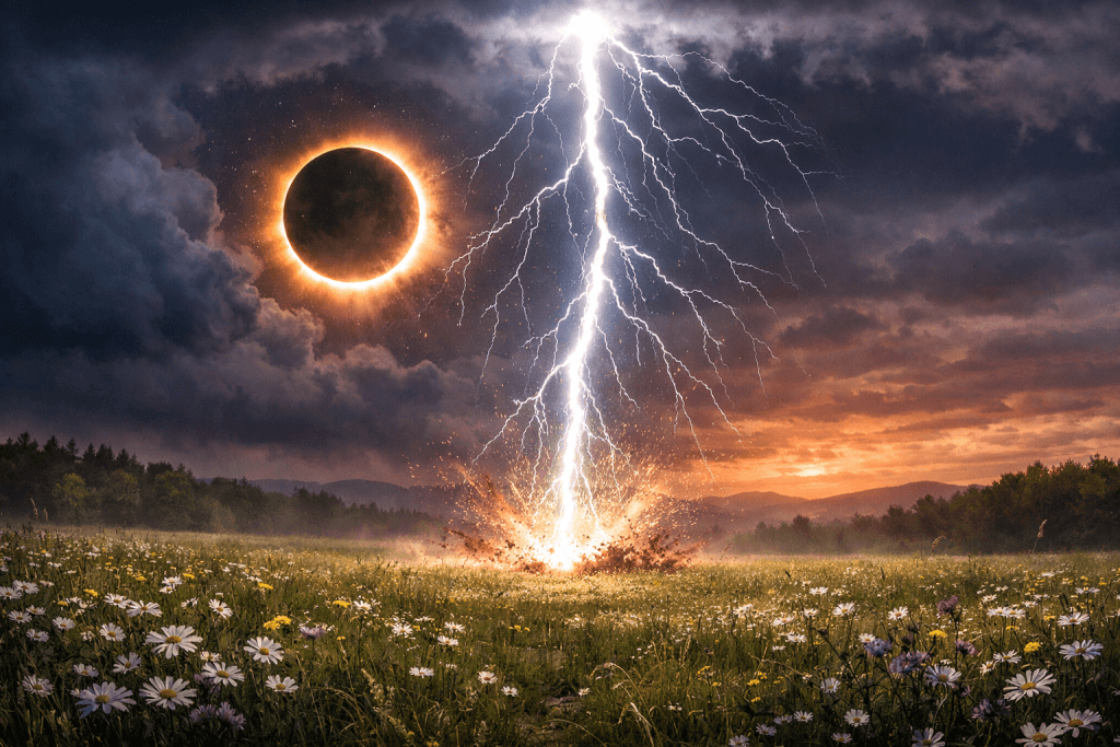 A wide meadow under a dramatic sky, where a solar eclipse glows faintly in the background while a massive bolt of lightning strikes the ground at the center of the field, illuminating wildflowers and storm clouds with intense light.