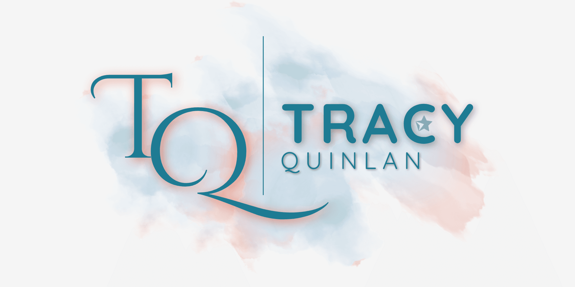 Horizontal Logo - Tracy Quinlan Brand logo for Tracy Quinlan featuring large stylized 'TQ' initials with a vertical divider and 'TRACY' above 'QUINLAN' set against pastel cloud background.