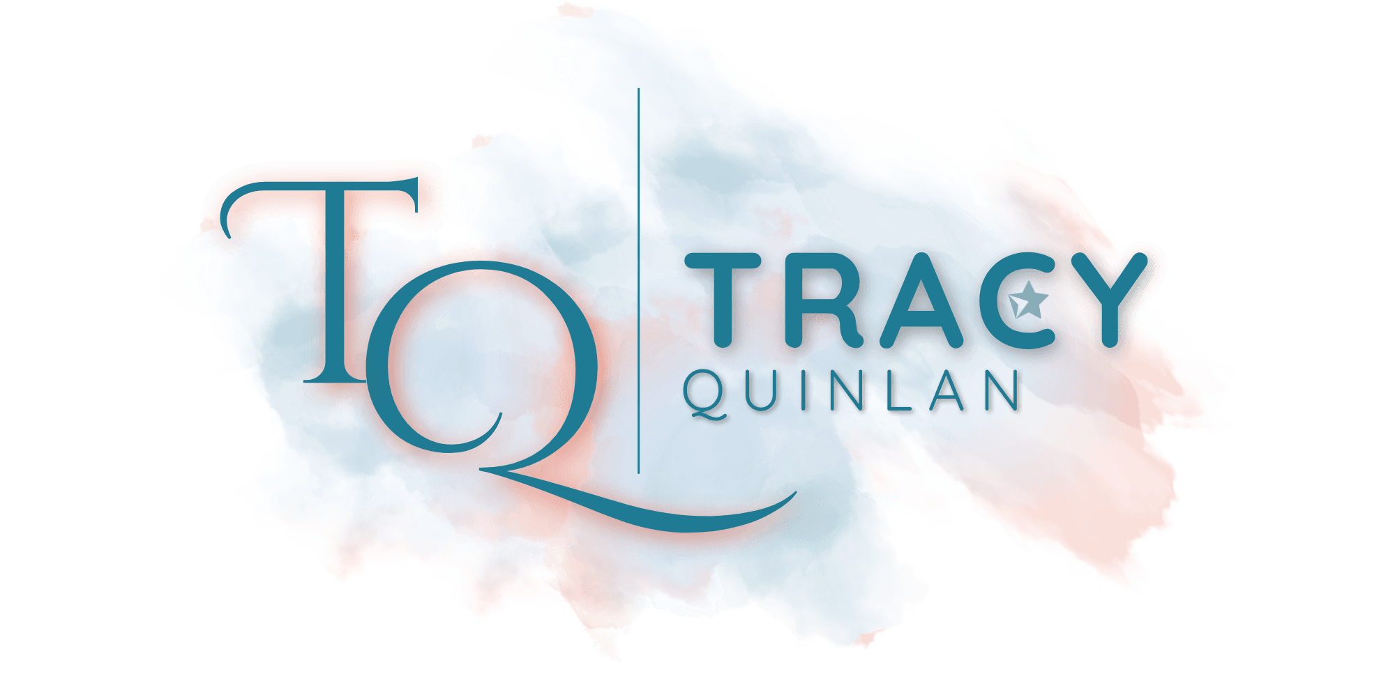 Logo for Tracy Quinlan: teal 'TRACY' companioned by 'QUINLAN' over a blue-pink watercolor splash, with stylized initials 'TQ' on the left.