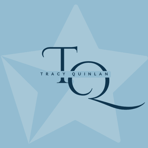 Logo for Tracy Quinlan with large 'TQ' initials and a ribbon reading 'TRACY QUINLAN' over a pale blue star background