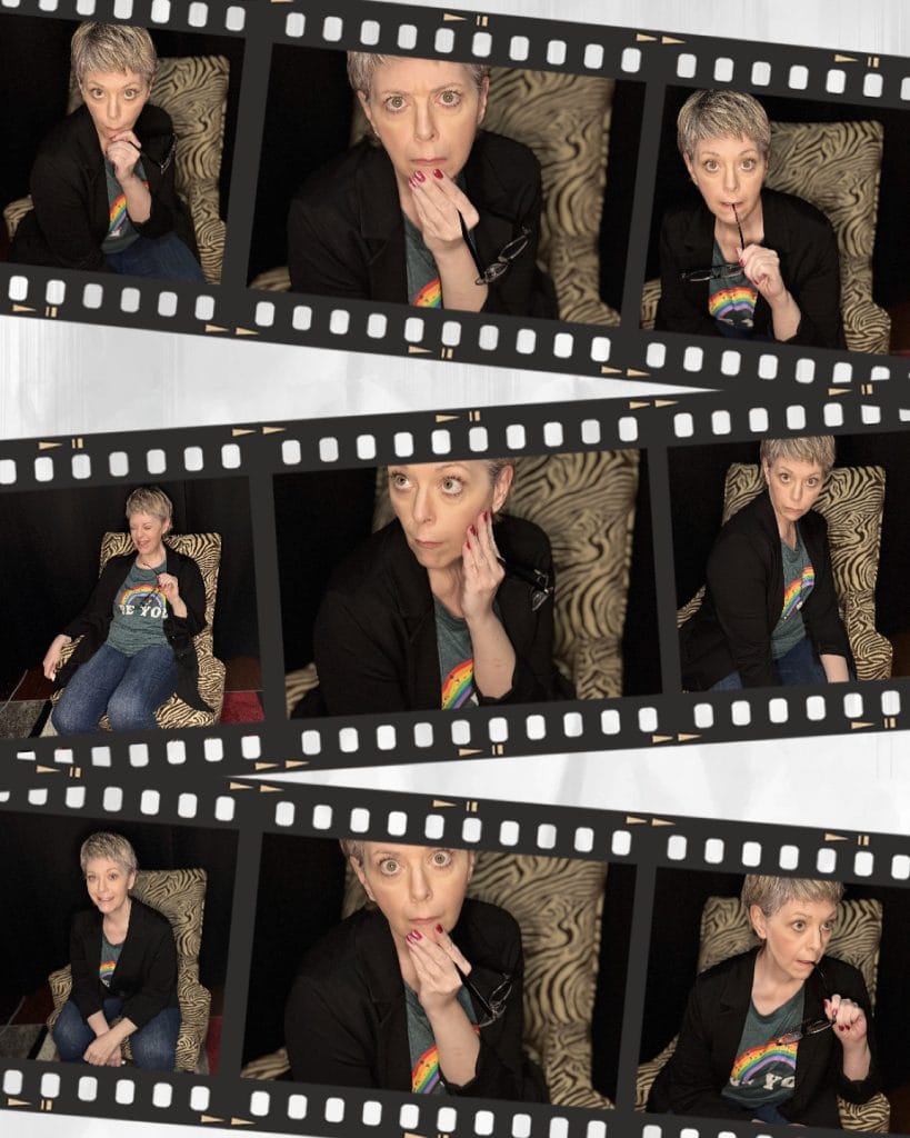 selfie collage - Tracy Quinlan several outtake images of Edmonton Astrologer Tracy Quinlan in different poses in a frame that looks like old camera film roll.