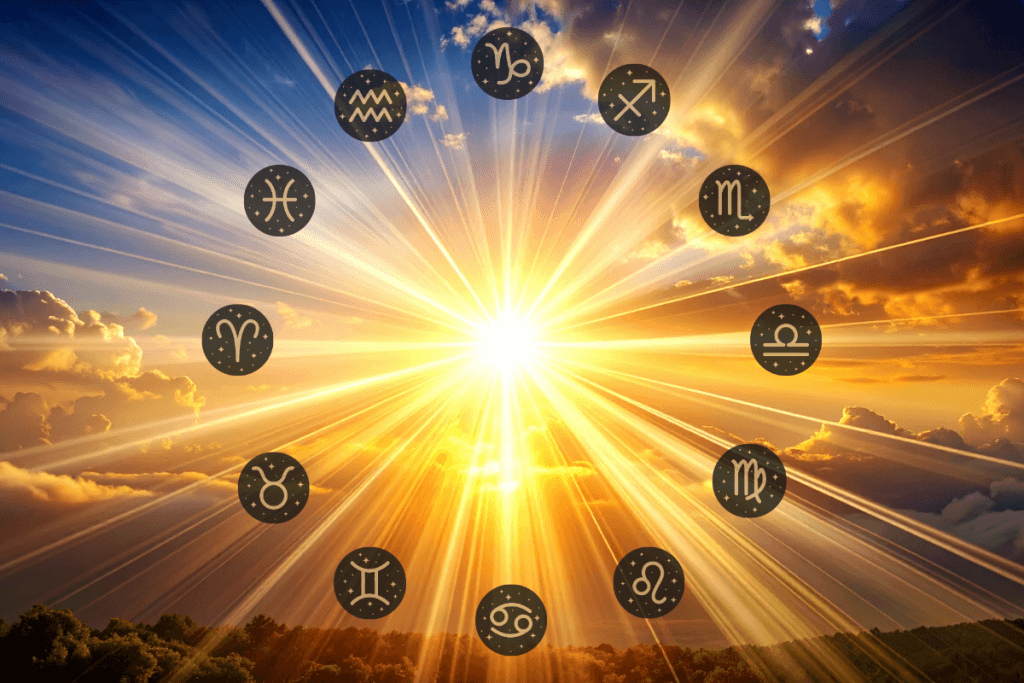 - Tracy Quinlan The twelve zodiac sign symbols arranged in a circle around a bright sunburst against a golden sky