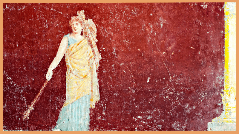 Roman Fresco of the God Mercury - Tracy Quinlan Detail of the Fresco in Pompeii with winged griffin with Mercury on a red background