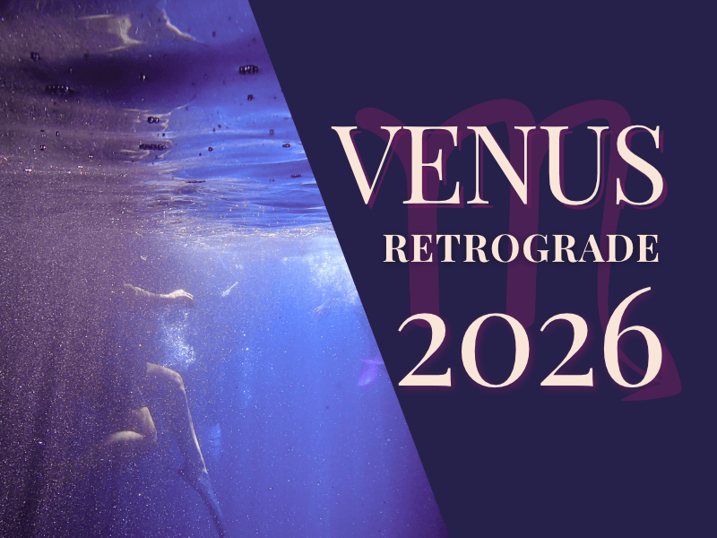 Venus Retrograde 2026 in Scorpio - Tracy Quinlan Venus retrograde 2026 graphic: a woman swimming underwater in violet light beside the Scorpio glyph and title text